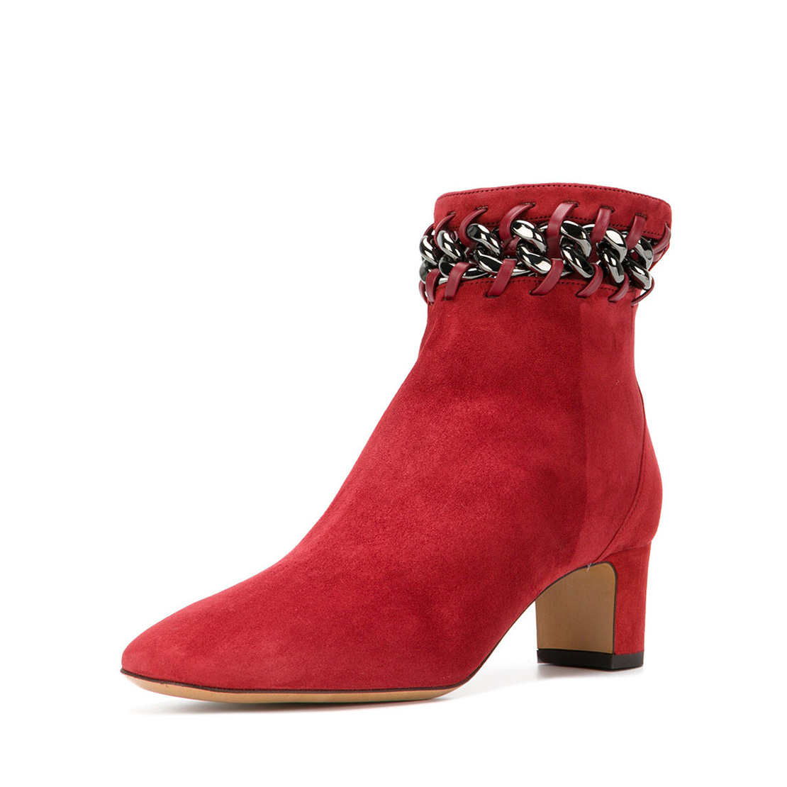 Red color metal chain decoration suede leather ladies ankle boots YB3001