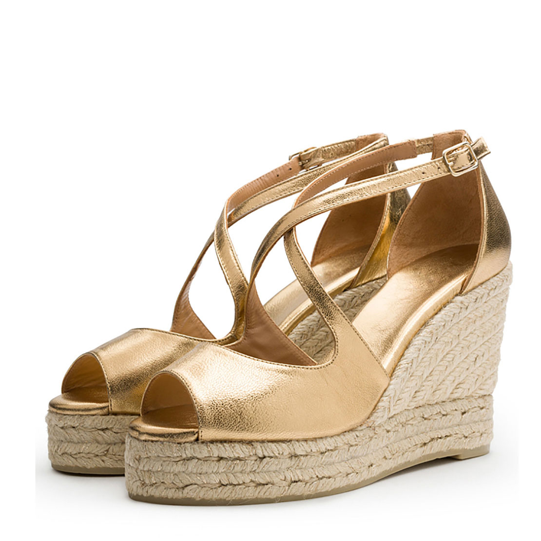 Gold leather peep toe wedge heels ladies sandal shoes YBS3025