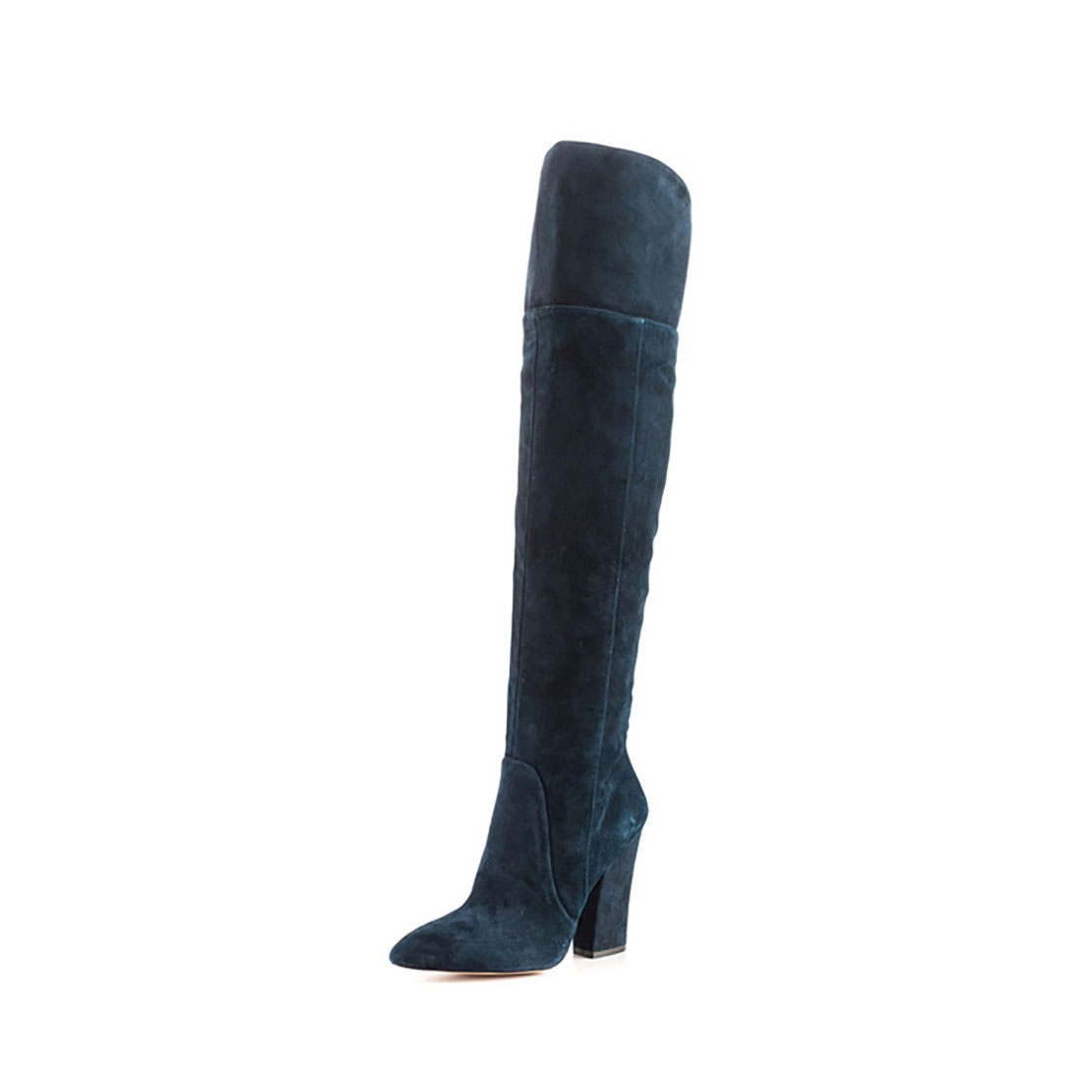 Suede leather blue chunky heel point toe fashion women over the knee boot YB1014