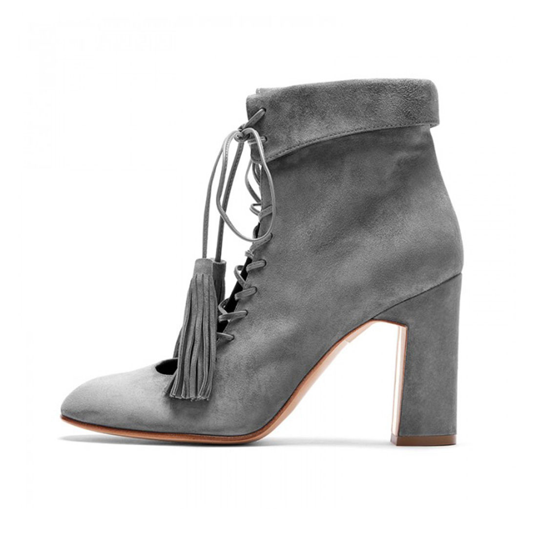 Best suede leather gray lace up strap and tassels women ankle booties YB3098