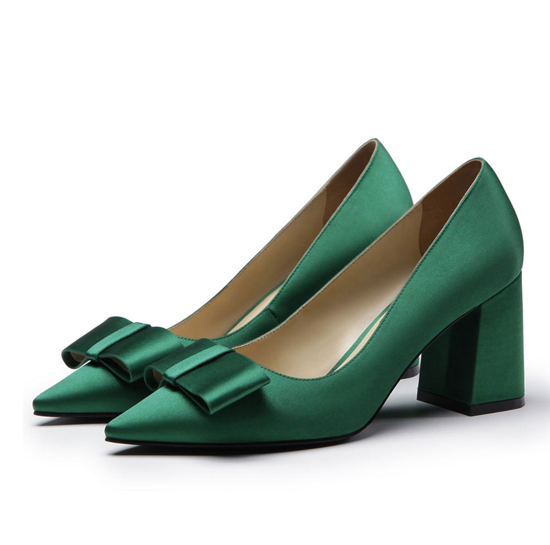 Satin green chunky high heels dressy bow design ladies pump shoes YB4008