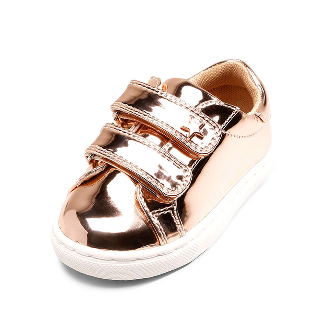 Patent leather gold color flat round toe sport little star childrens sneakers