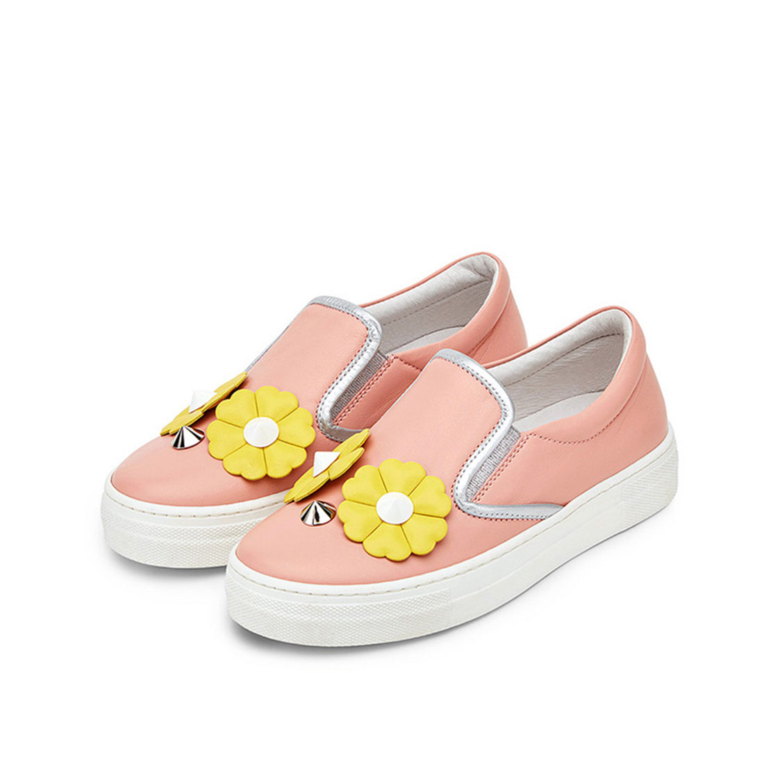 Leather upper pink flat round toe casual fashion flower walking shoes for girls