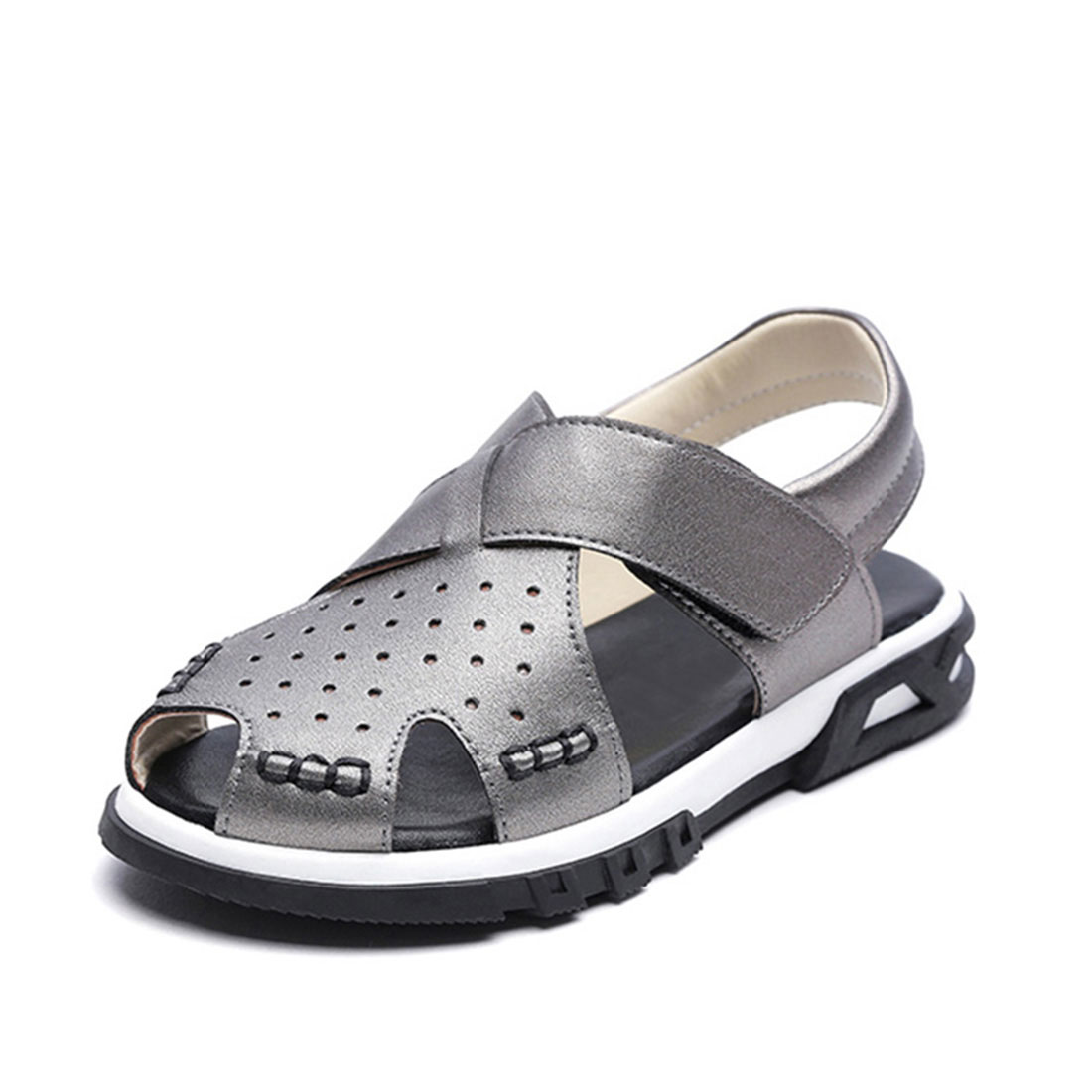 Metallic leather gray flat open toe cool 2018 summer boy kids sandals shoes