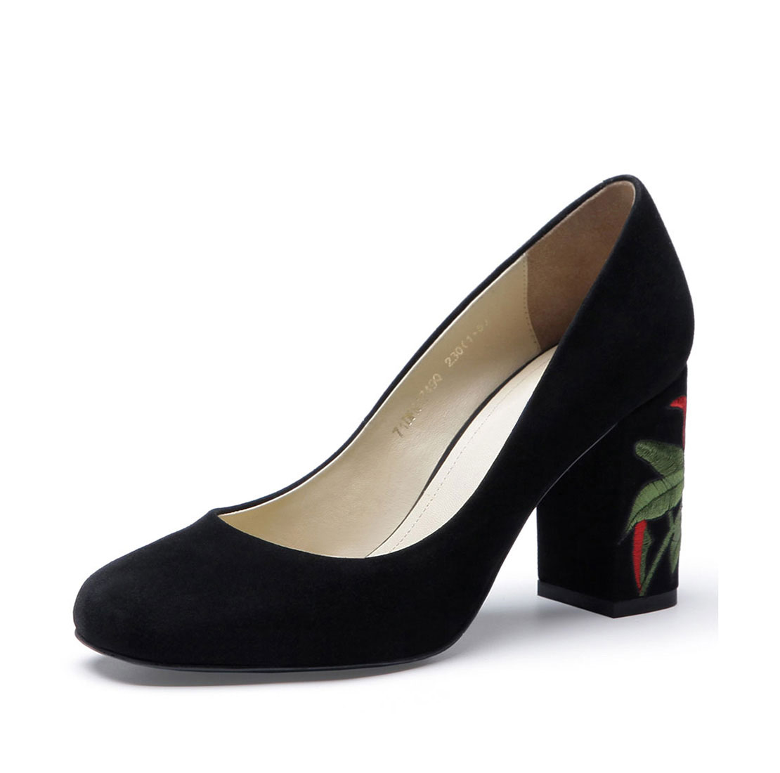 Suede leather black embroidery retro style high heel dress pump shoes YB4023