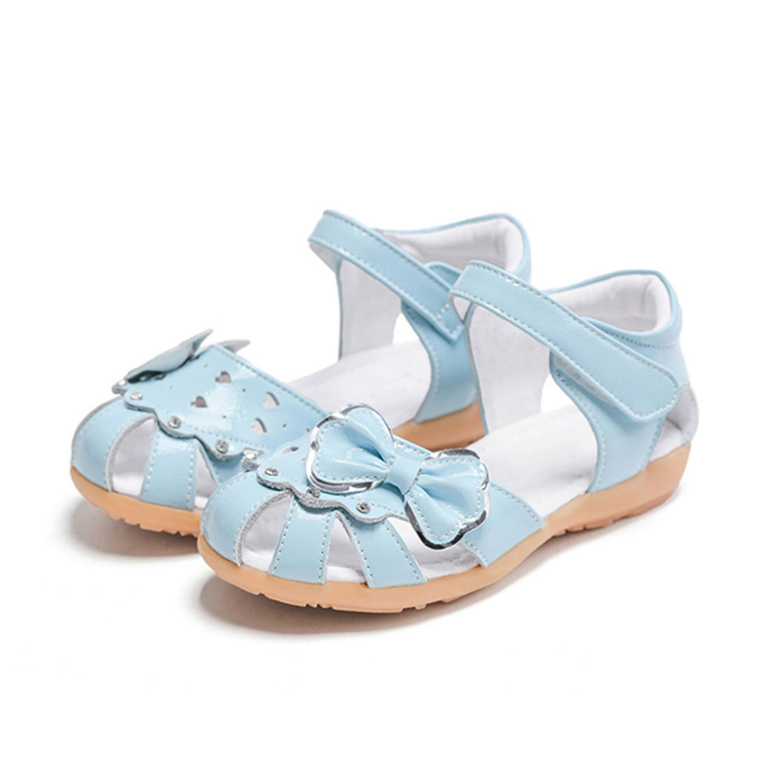 Patent leather light blue flat cute summer bow design children sandals shoes