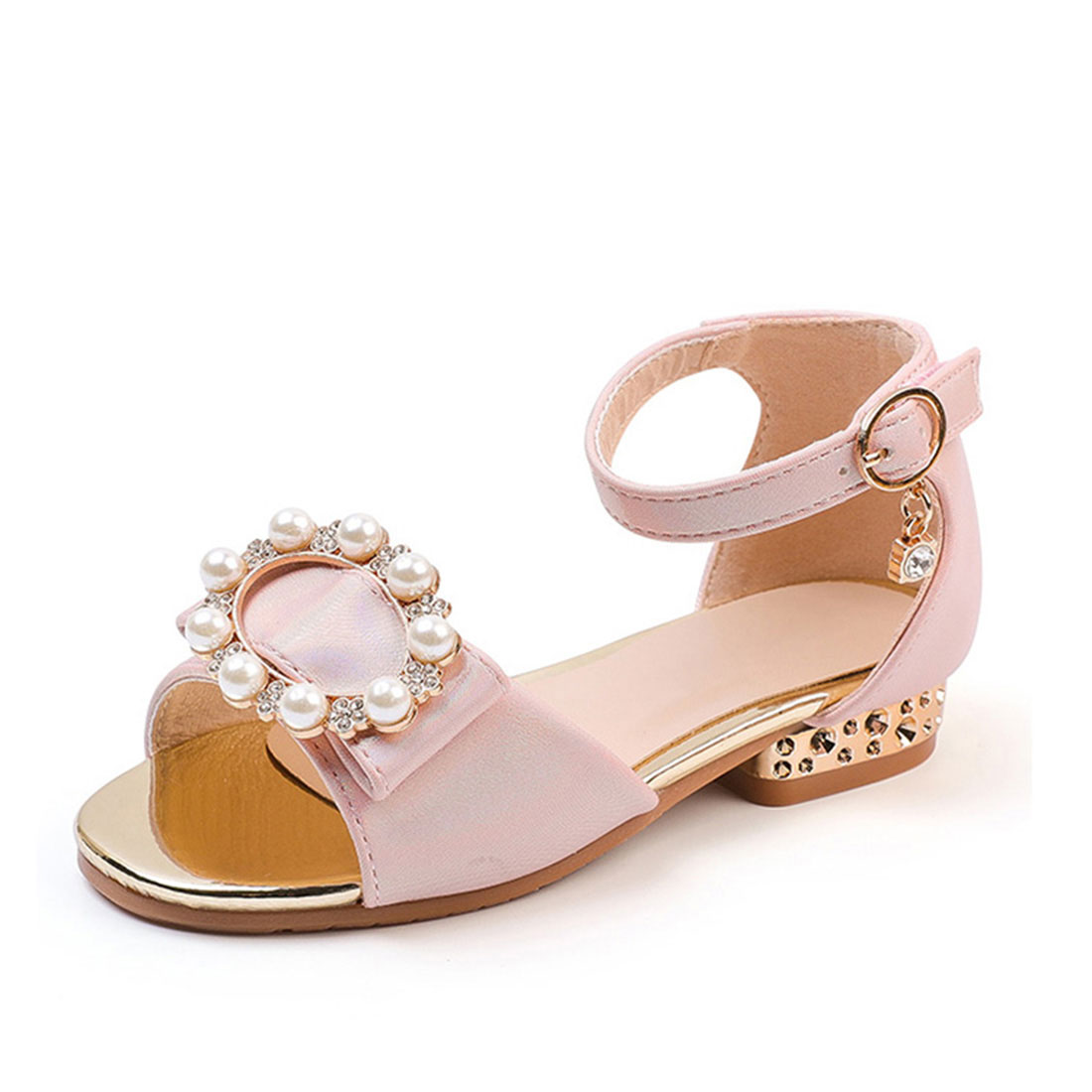 Custom genuine leather low heel luxury with pearls diamante flower kids sandals