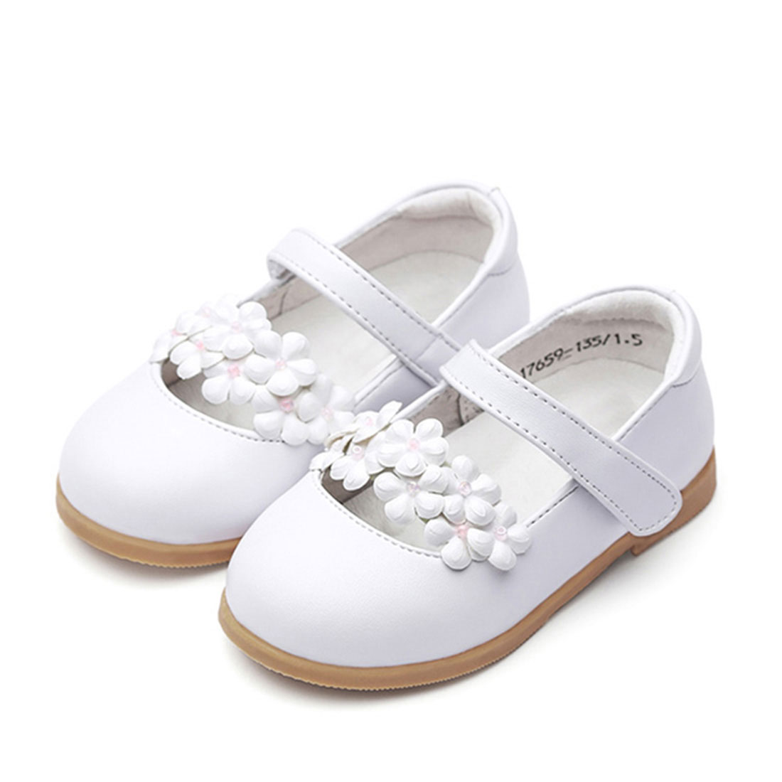 Wholesale leather white flat casual lovely style three flower kids shoes