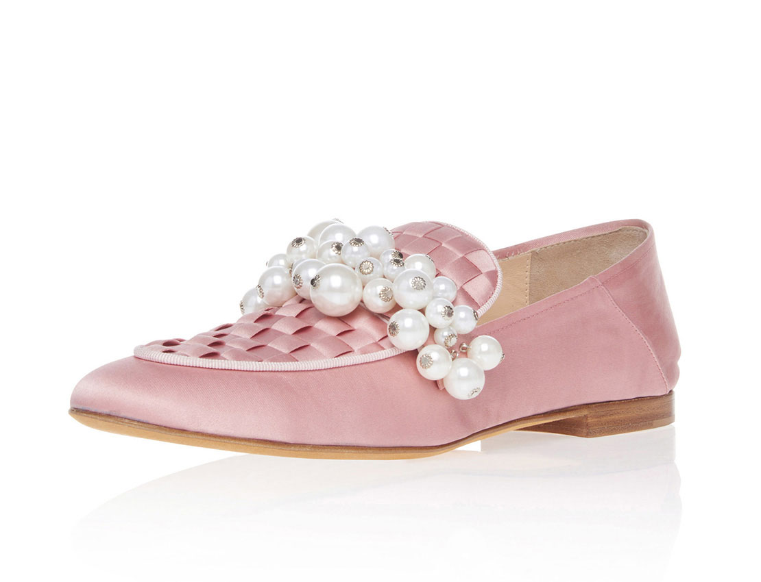 Satin fabric upper flat round toe elegant with pearls ladies casual shoes YB4034