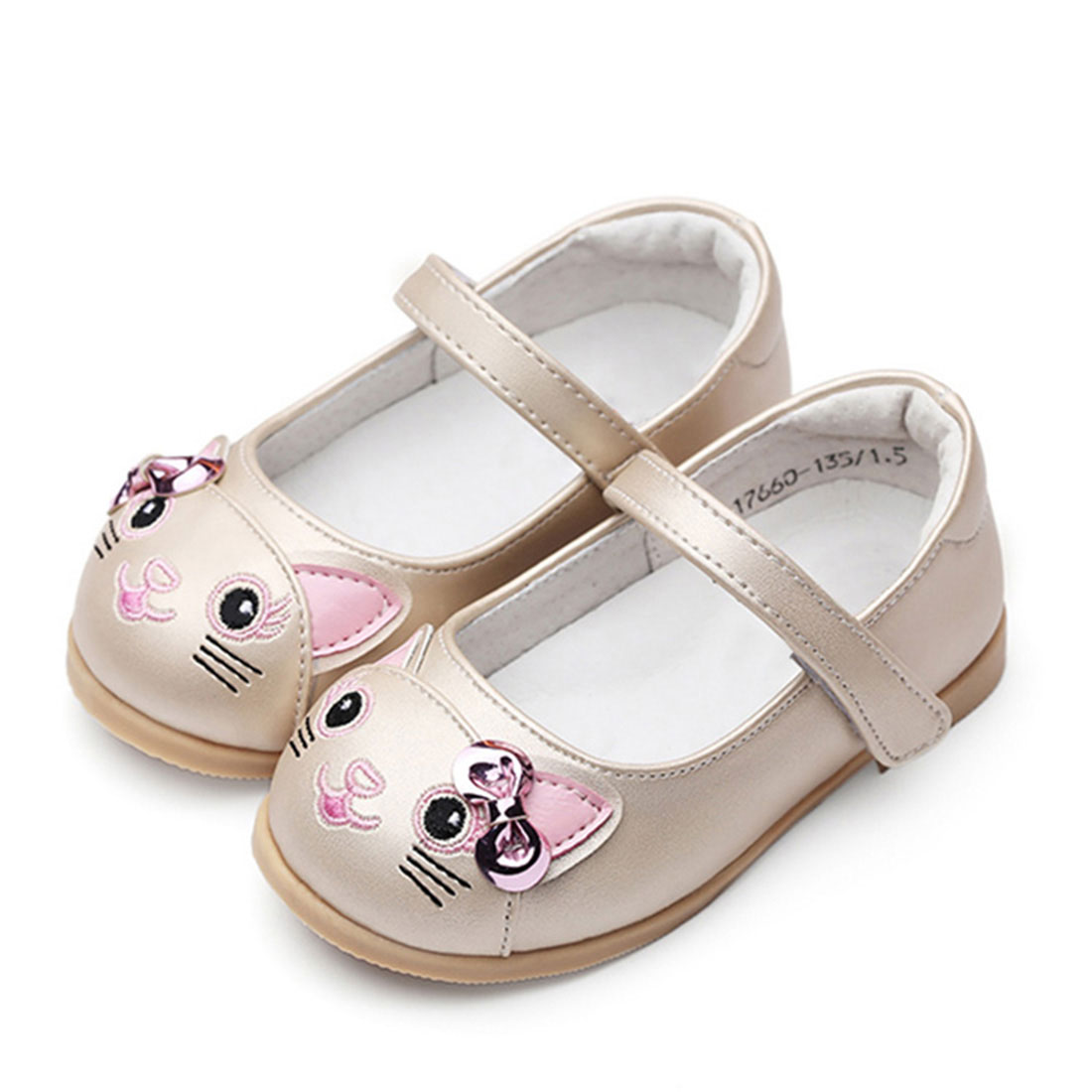 Leather bone beige flat casual lovely style little cat decoration kids pump shoe