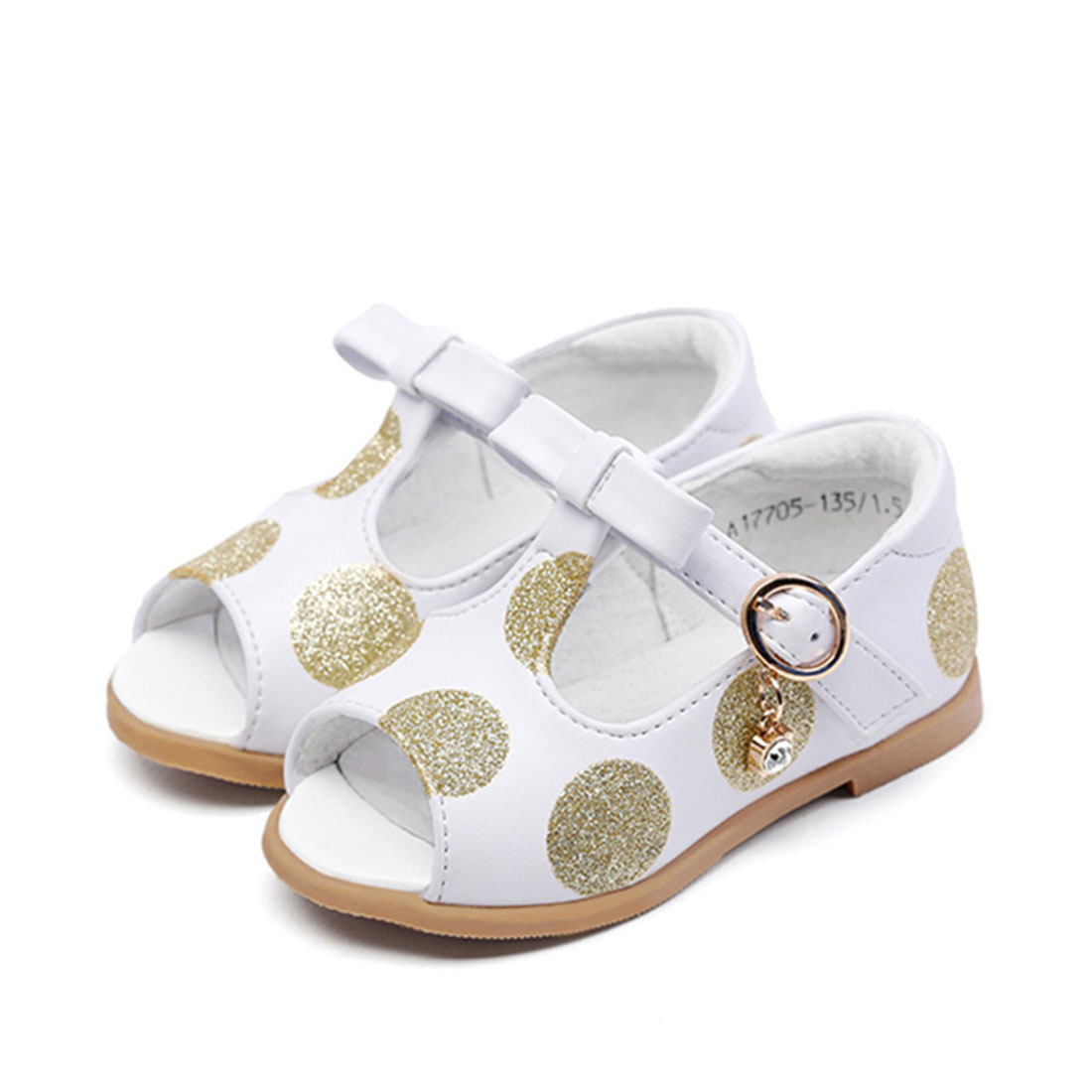 Leather flat peep toe lovely summer with gold polka dots girls sandals shoes