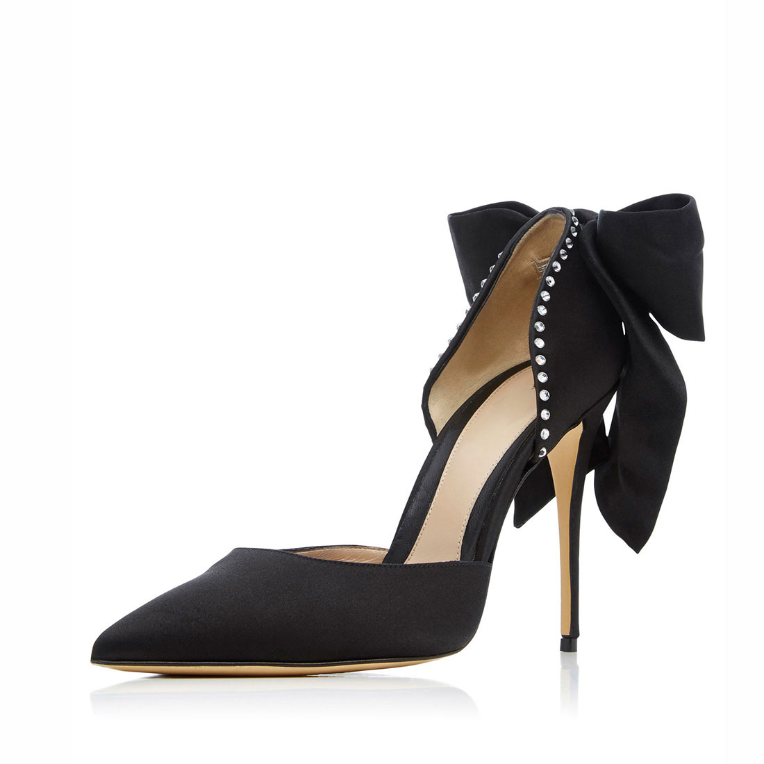 High end black thin heels hot fix rhinestone dress party bow formal shoes YB4037
