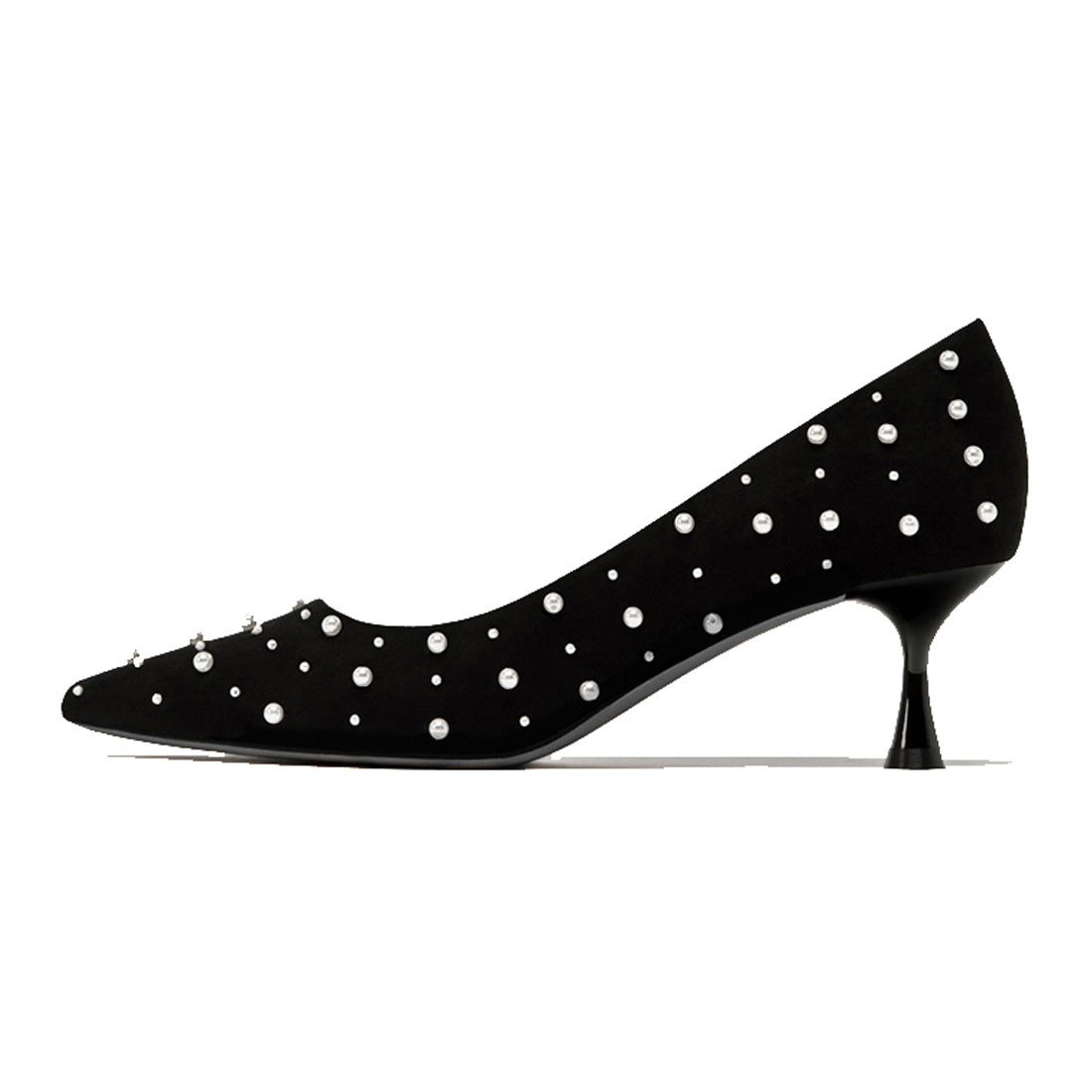 Black suede upper with pearl decorate ladies dress heel shoes supplier