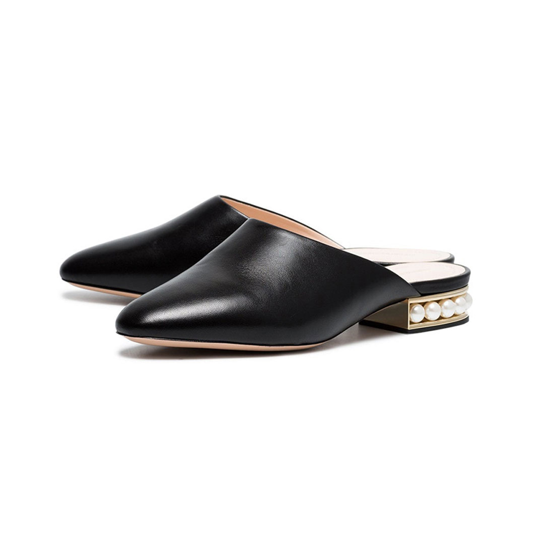 Custom Logo Genuine Leather Pearl Flat Slide Sandal Women Mules Shoes HS9047