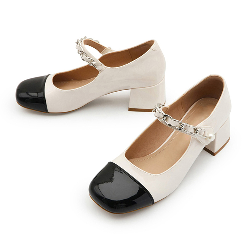 Elegant patent leather pearl decoration women pumps mary jane shoes