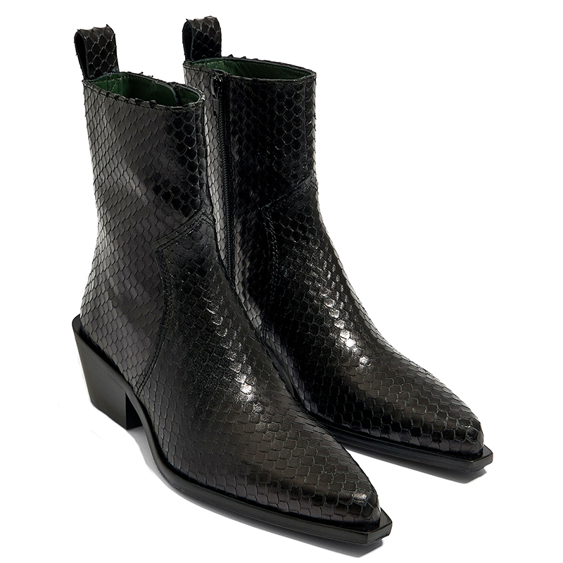 Fashion unique ankle pointed toe black snakeskin patterned women cowboy boots